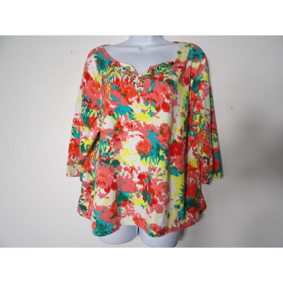 Ruby Rd. Top Shirt Colorful Jewels XXL 2XL Boho V Neck 3/4 Sleeve Boho Artsy - Picture 2 of 10